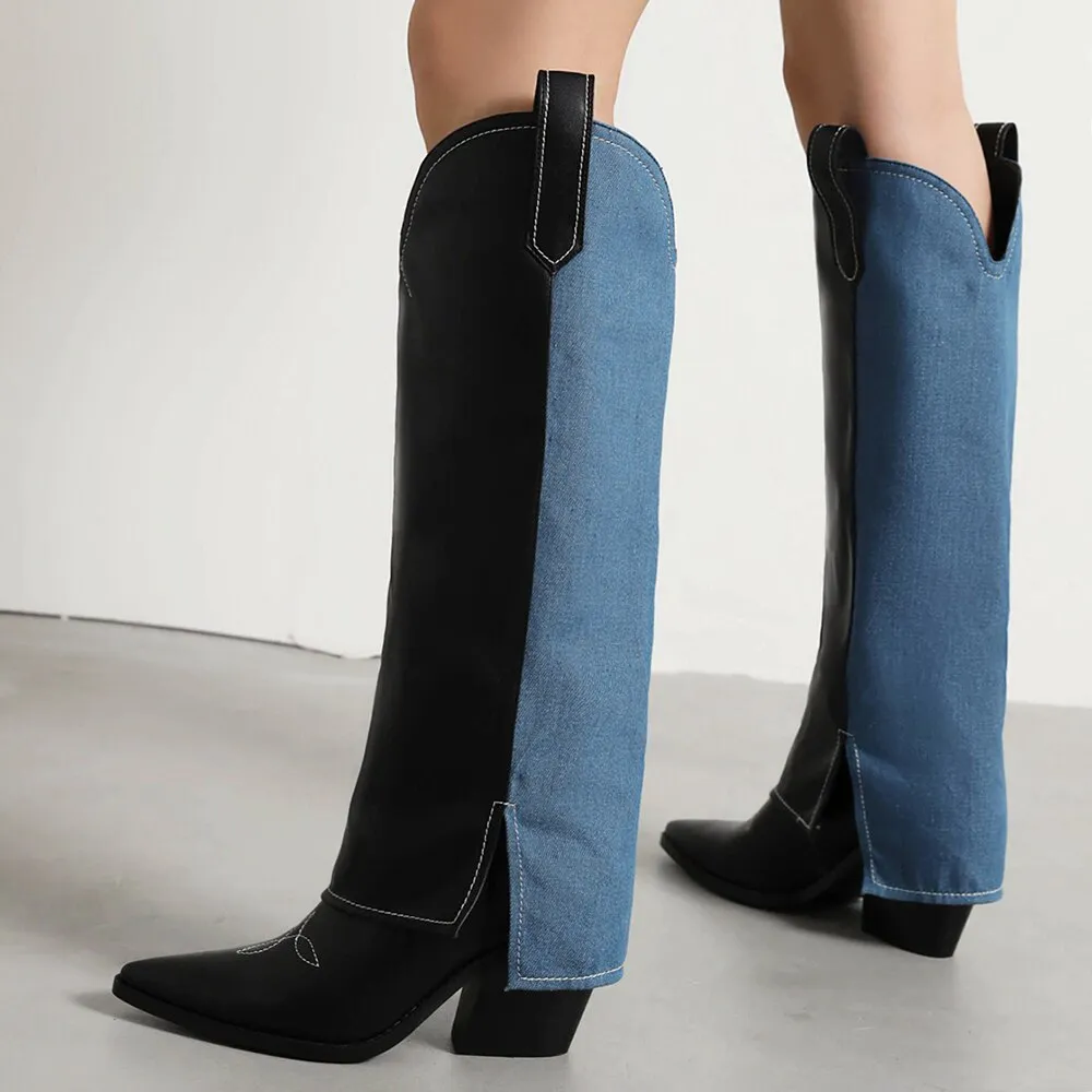 2023 Denim Cowgirl Boots Women's Knee Boots Spring Embroidery Thigh High Boots