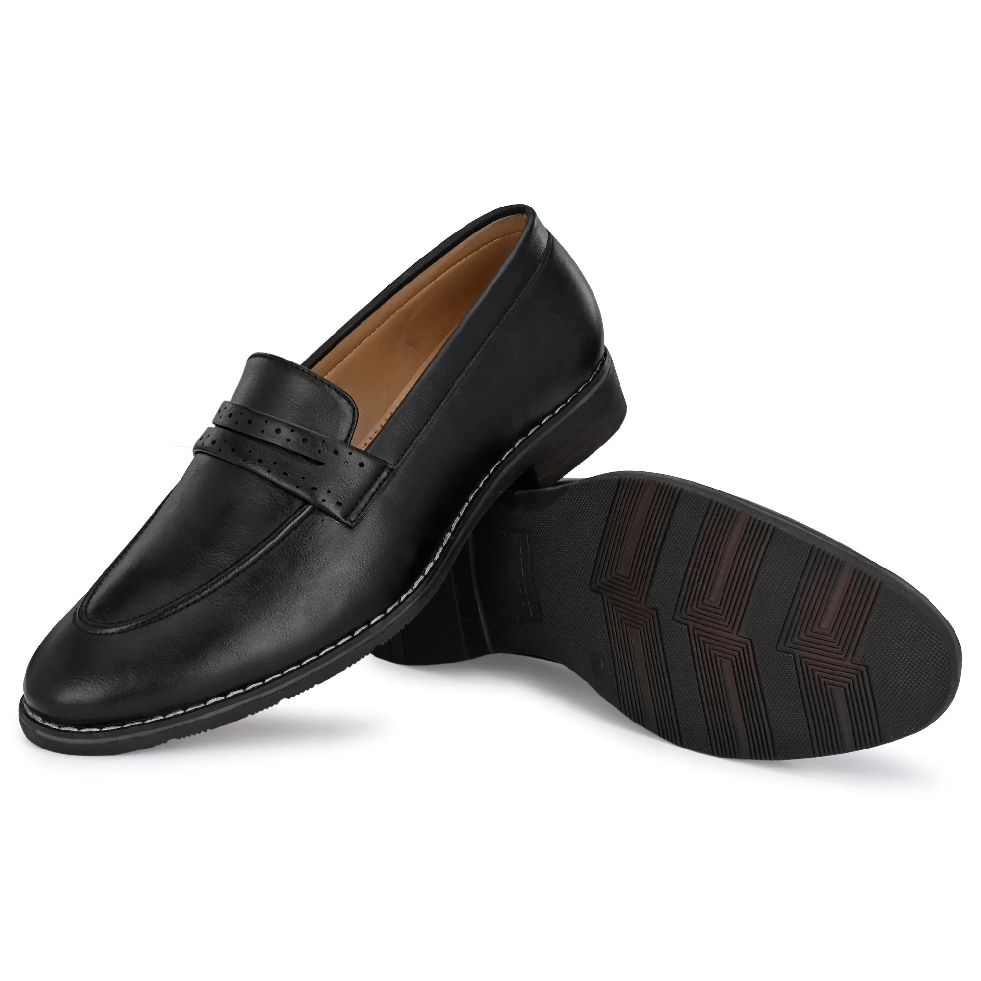 Attitudist Unisex Handcrafted Black Plain Penny Slip On Round Toe Basket Loafer With Double Stitched