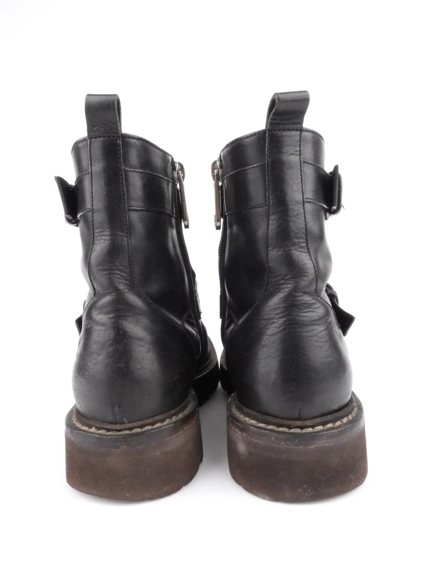 Brunello Cucinelli Black Leather Monili Strap Combat Boots - 36