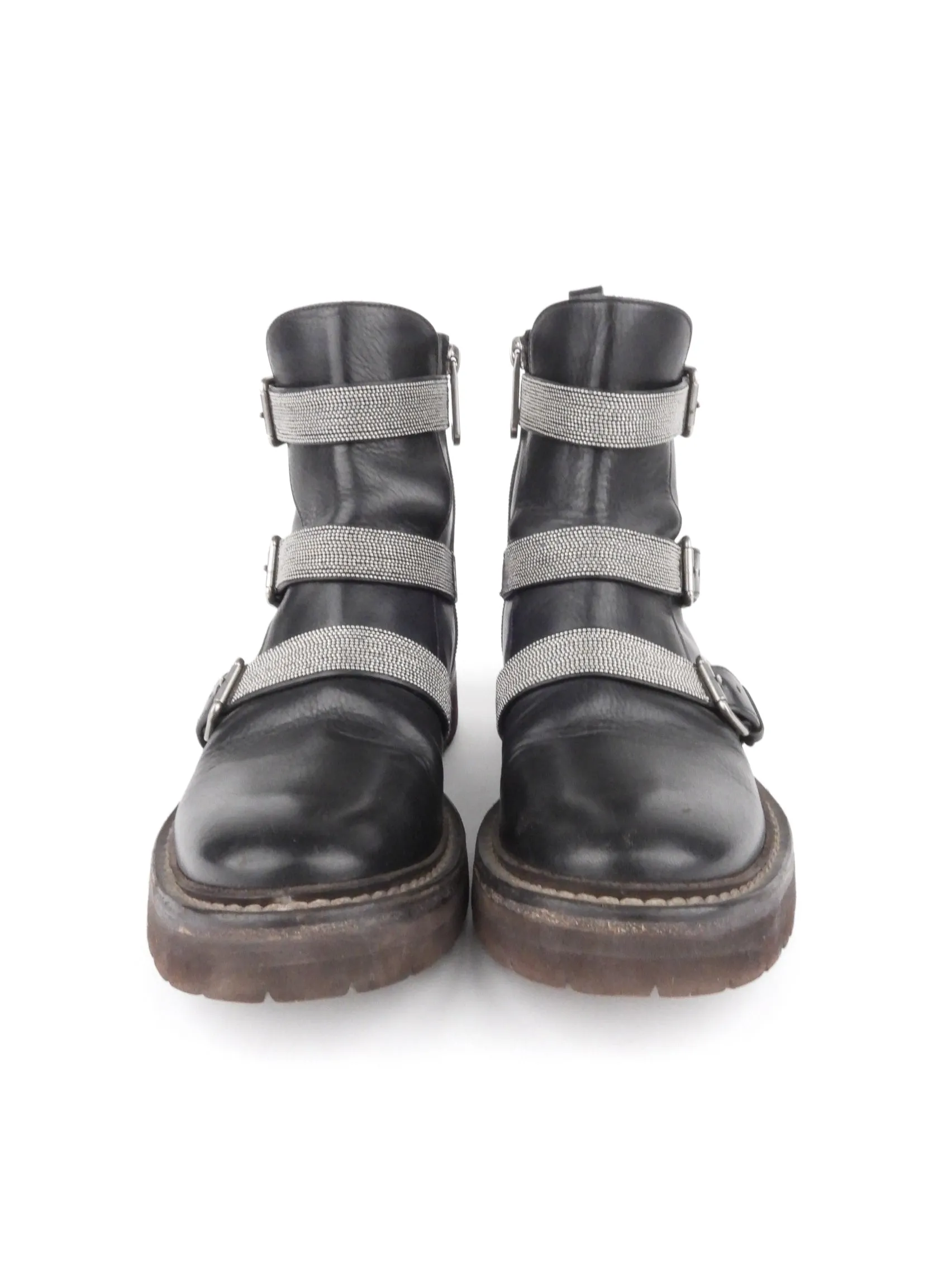 Brunello Cucinelli Black Leather Monili Strap Combat Boots - 36