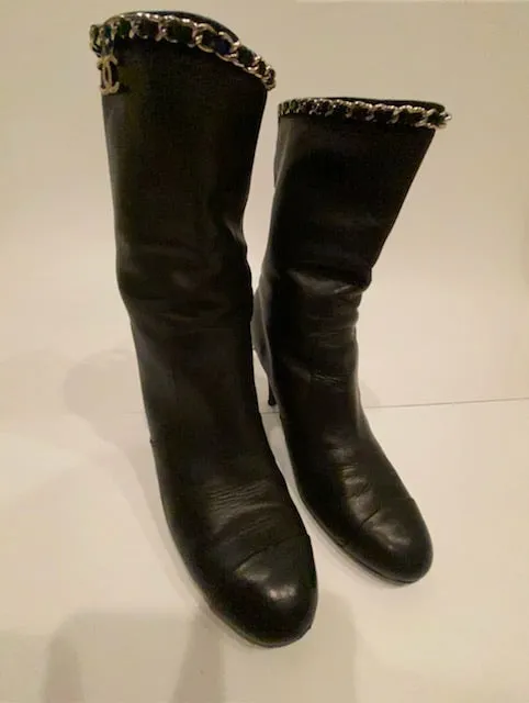 Chanel Black Leather Mid Length Calf CC Chain Logo Boots EU 39.5 US 8.5/9