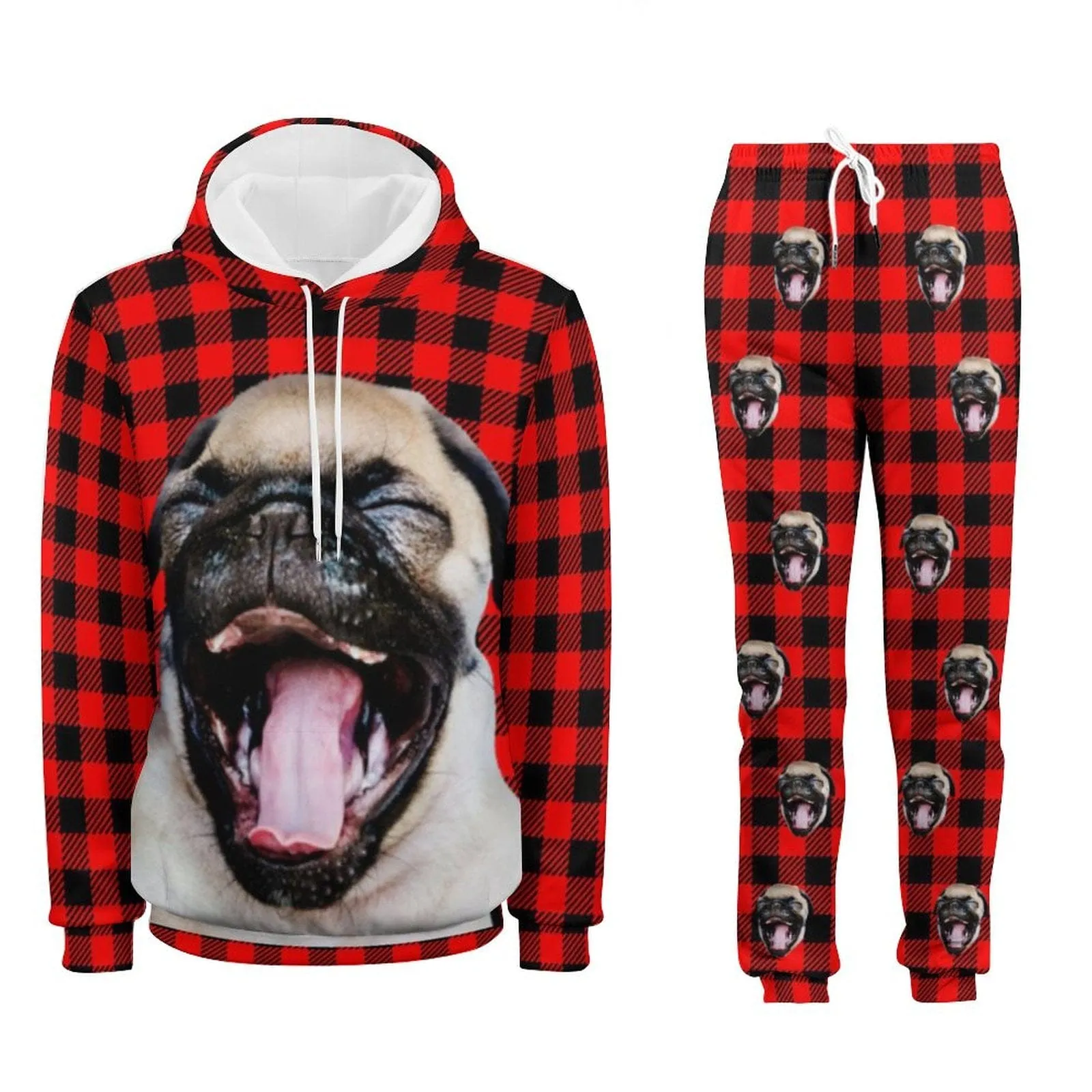 Custom Face Unisex Plaid Hoodie&Sweatpant Set Personalized Couple Loose Hooded Pullover Casual Joggers