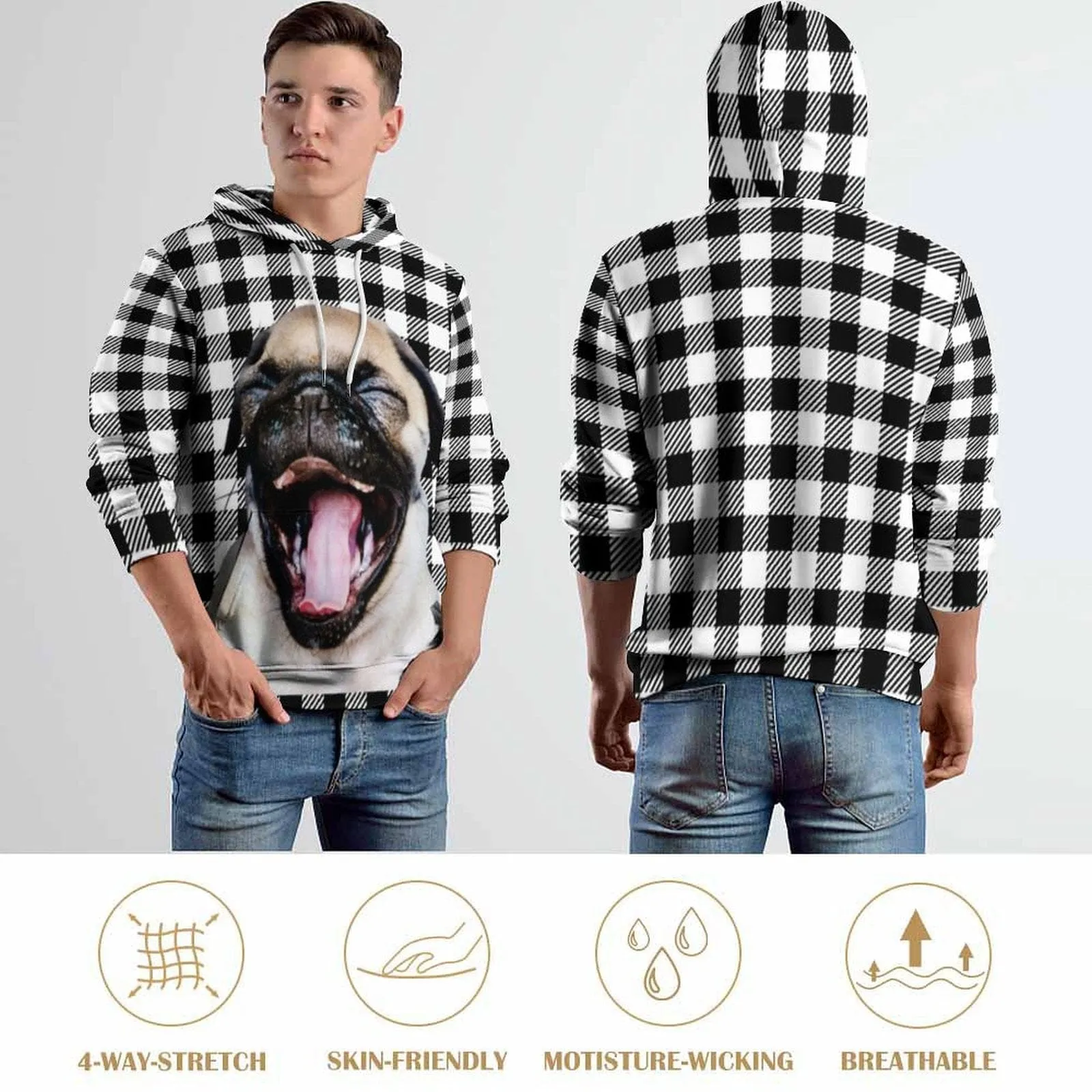 Custom Face Unisex Plaid Hoodie&Sweatpant Set Personalized Couple Loose Hooded Pullover Casual Joggers