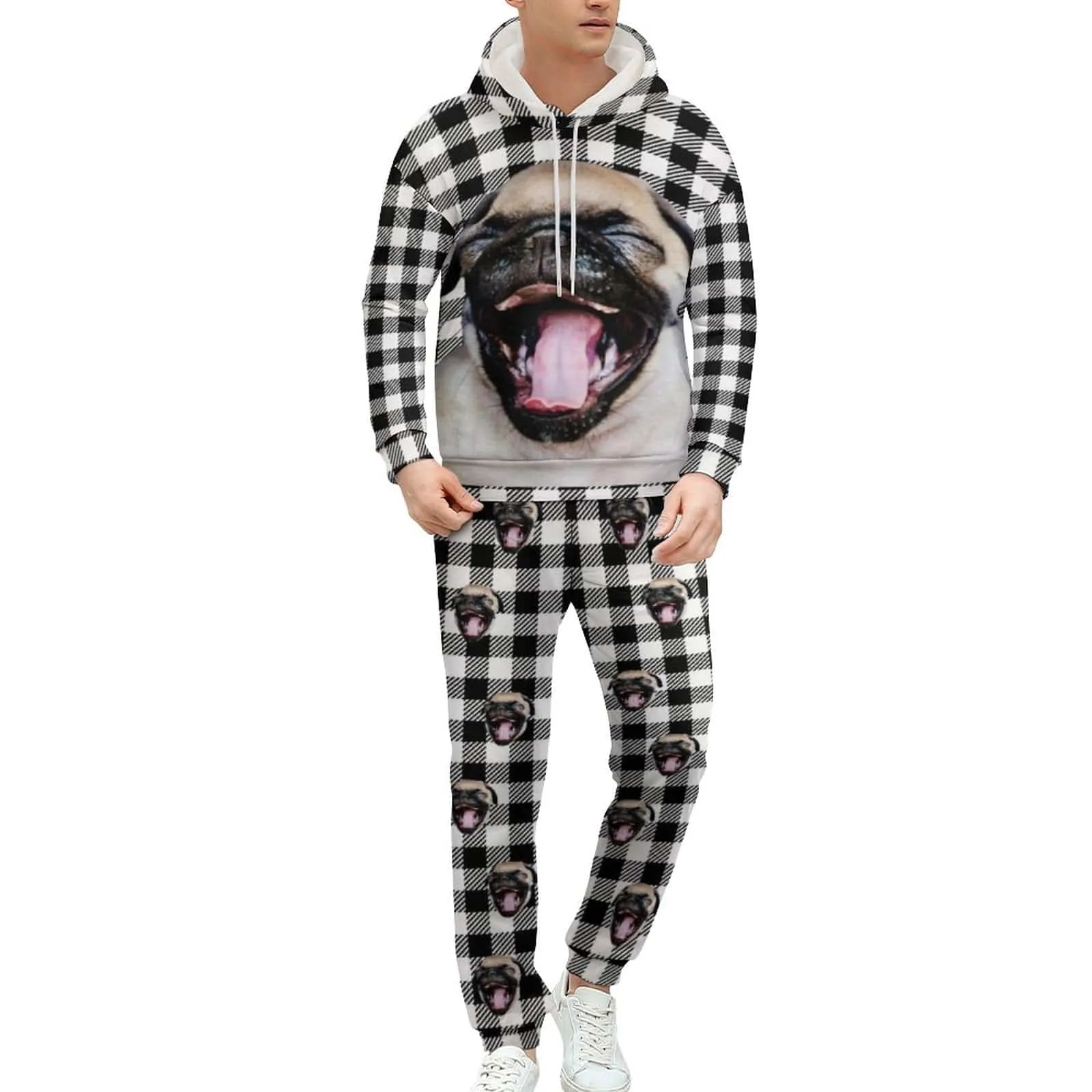 Custom Face Unisex Plaid Hoodie&Sweatpant Set Personalized Couple Loose Hooded Pullover Casual Joggers