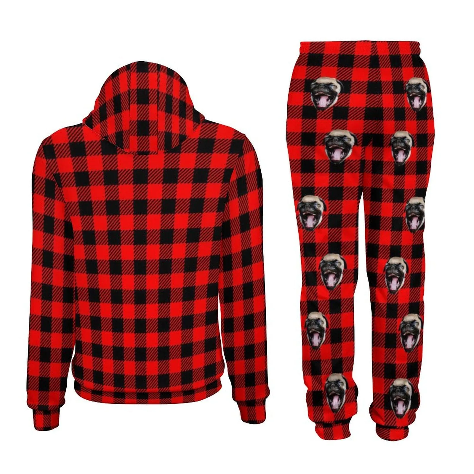 Custom Face Unisex Plaid Hoodie&Sweatpant Set Personalized Couple Loose Hooded Pullover Casual Joggers