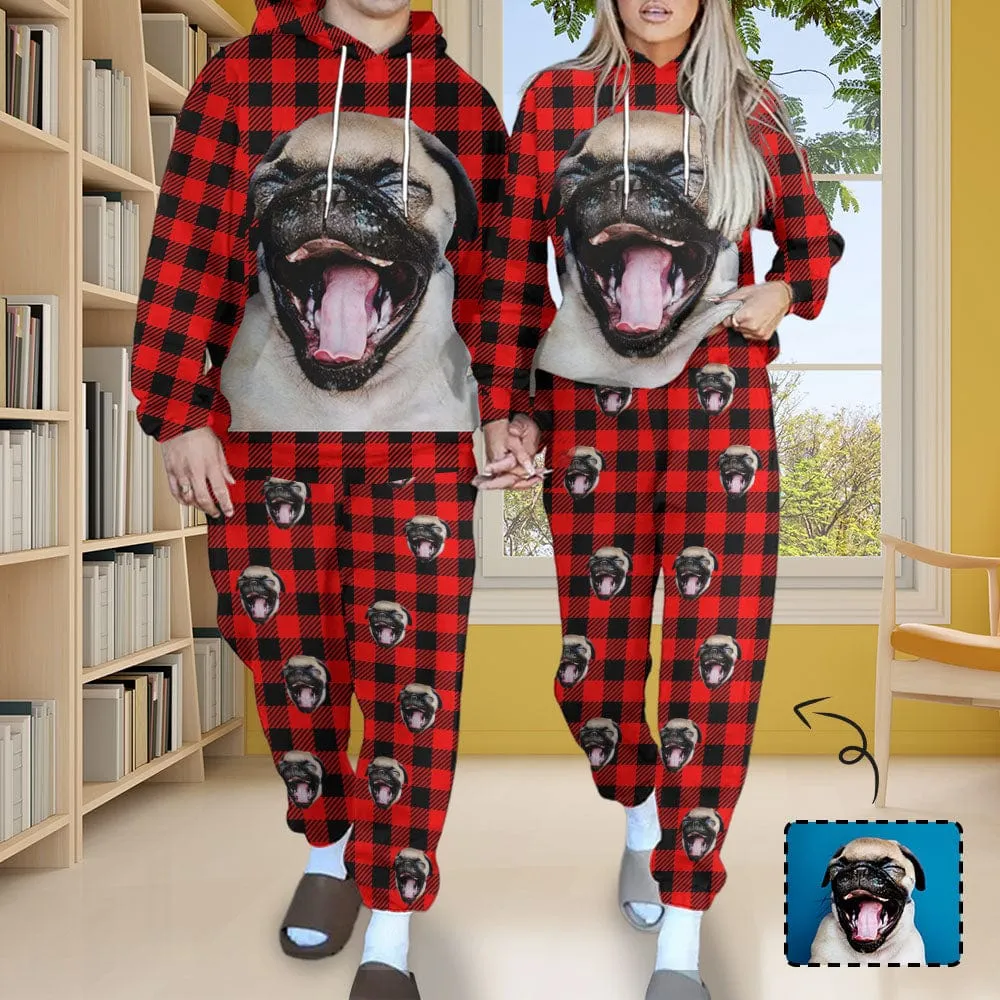 Custom Face Unisex Plaid Hoodie&Sweatpant Set Personalized Couple Loose Hooded Pullover Casual Joggers