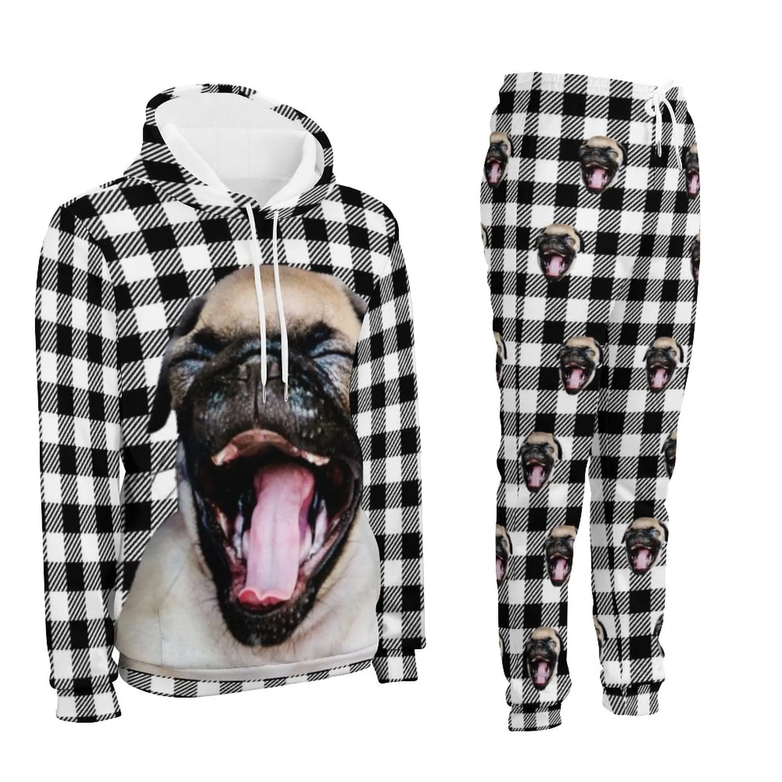 Custom Face Unisex Plaid Hoodie&Sweatpant Set Personalized Couple Loose Hooded Pullover Casual Joggers