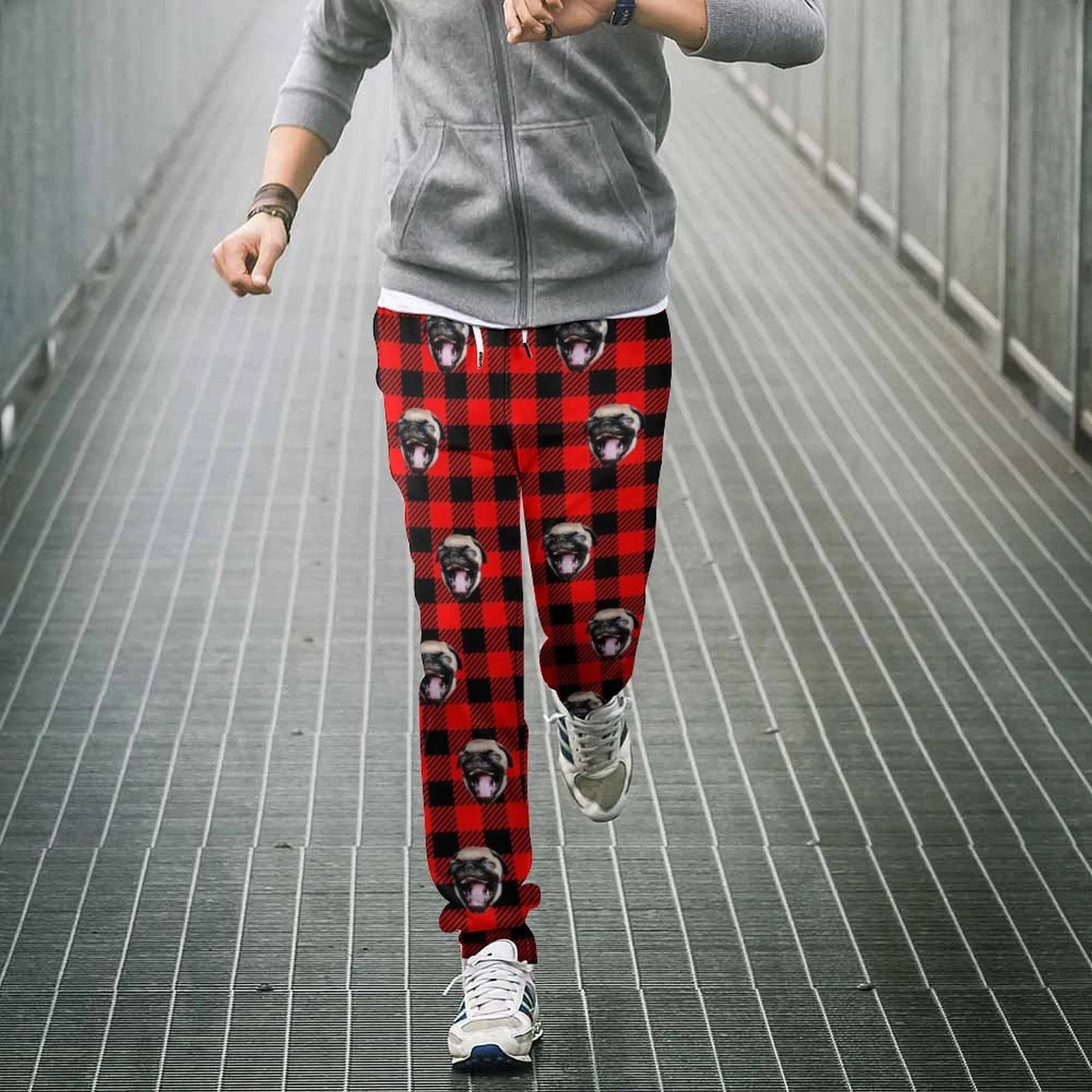 Custom Face Unisex Plaid Hoodie&Sweatpant Set Personalized Couple Loose Hooded Pullover Casual Joggers