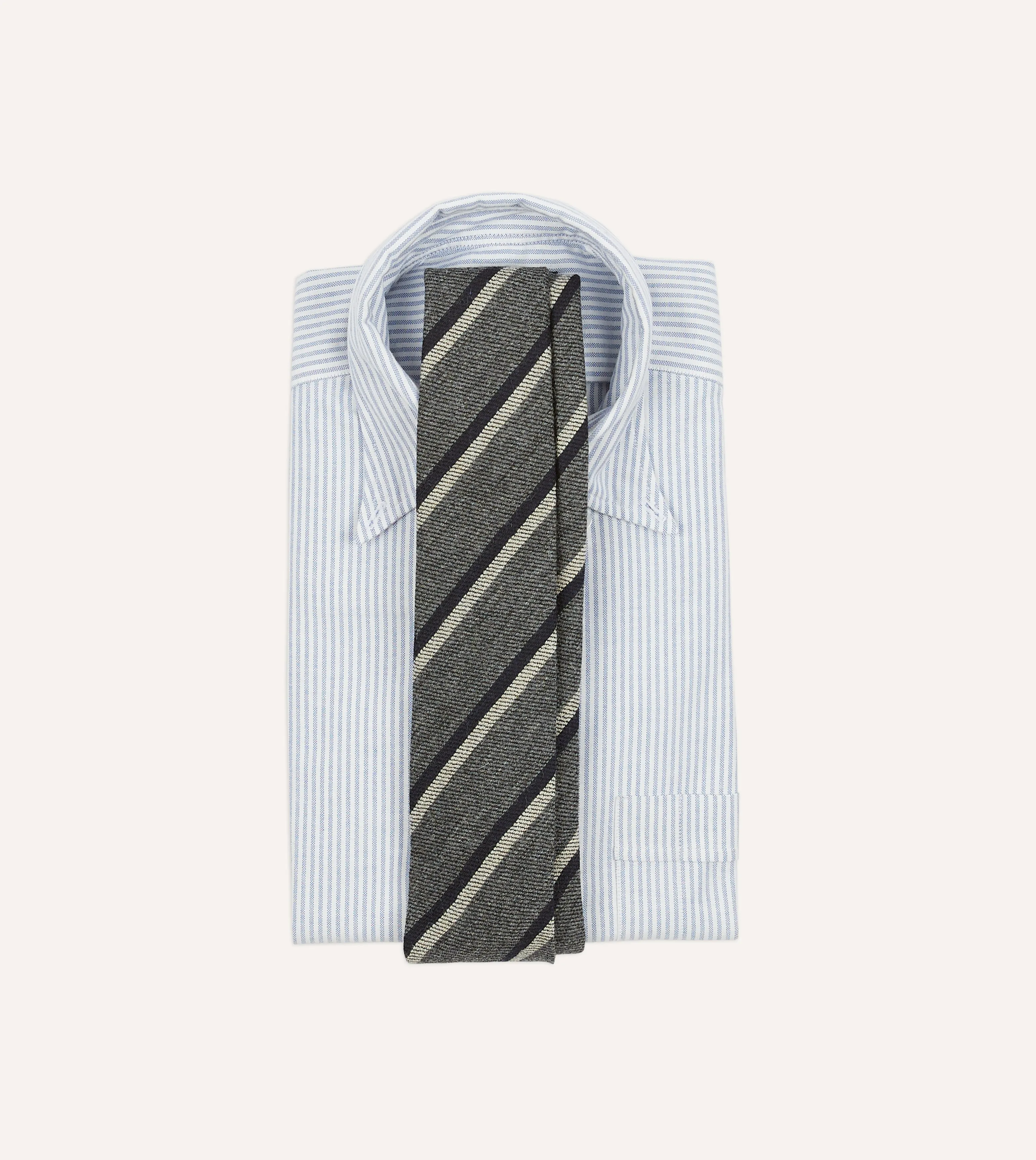 Grey and Navy Sandwich Stripe Hand Rolled Shetland Wool Tie