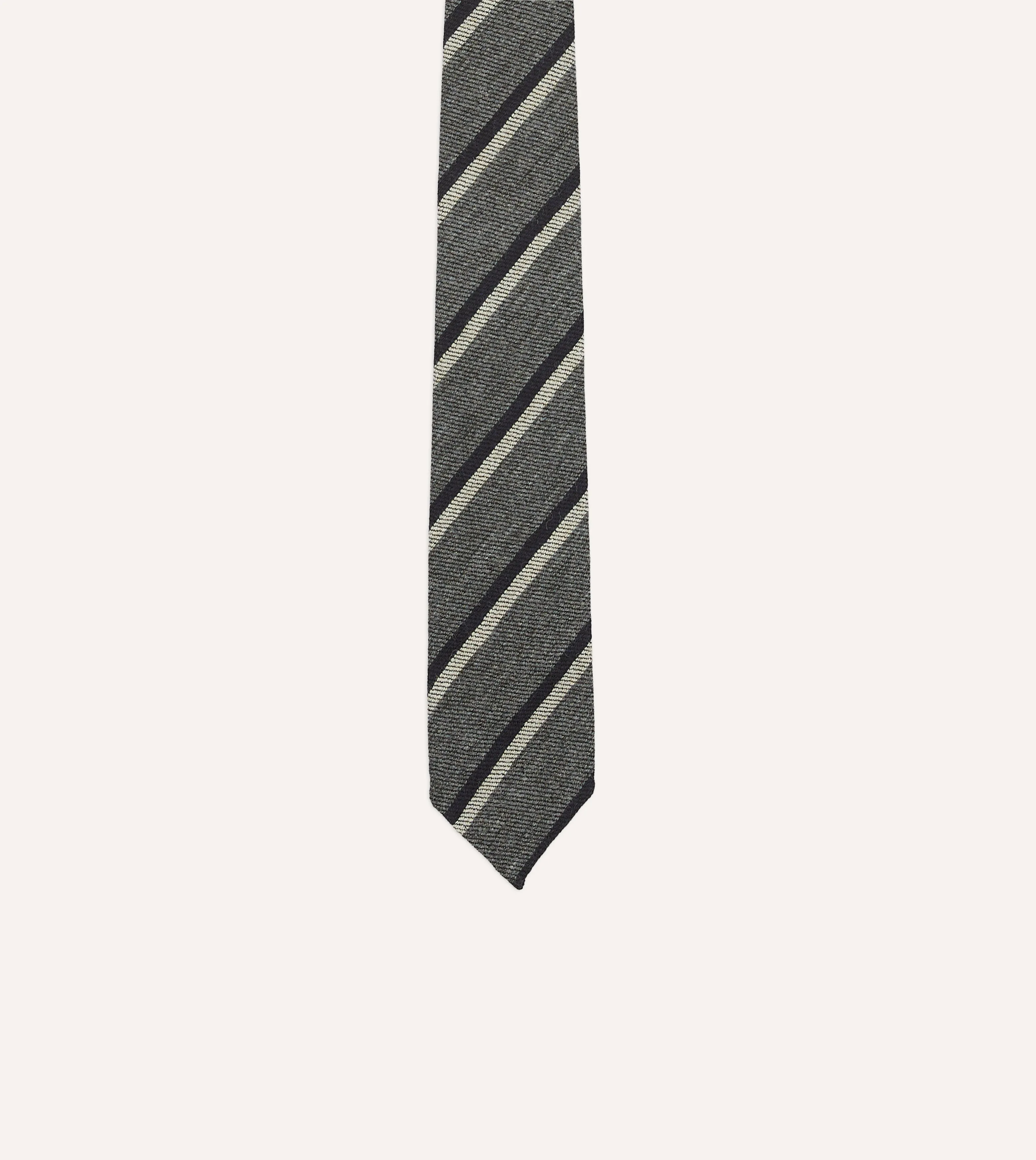 Grey and Navy Sandwich Stripe Hand Rolled Shetland Wool Tie