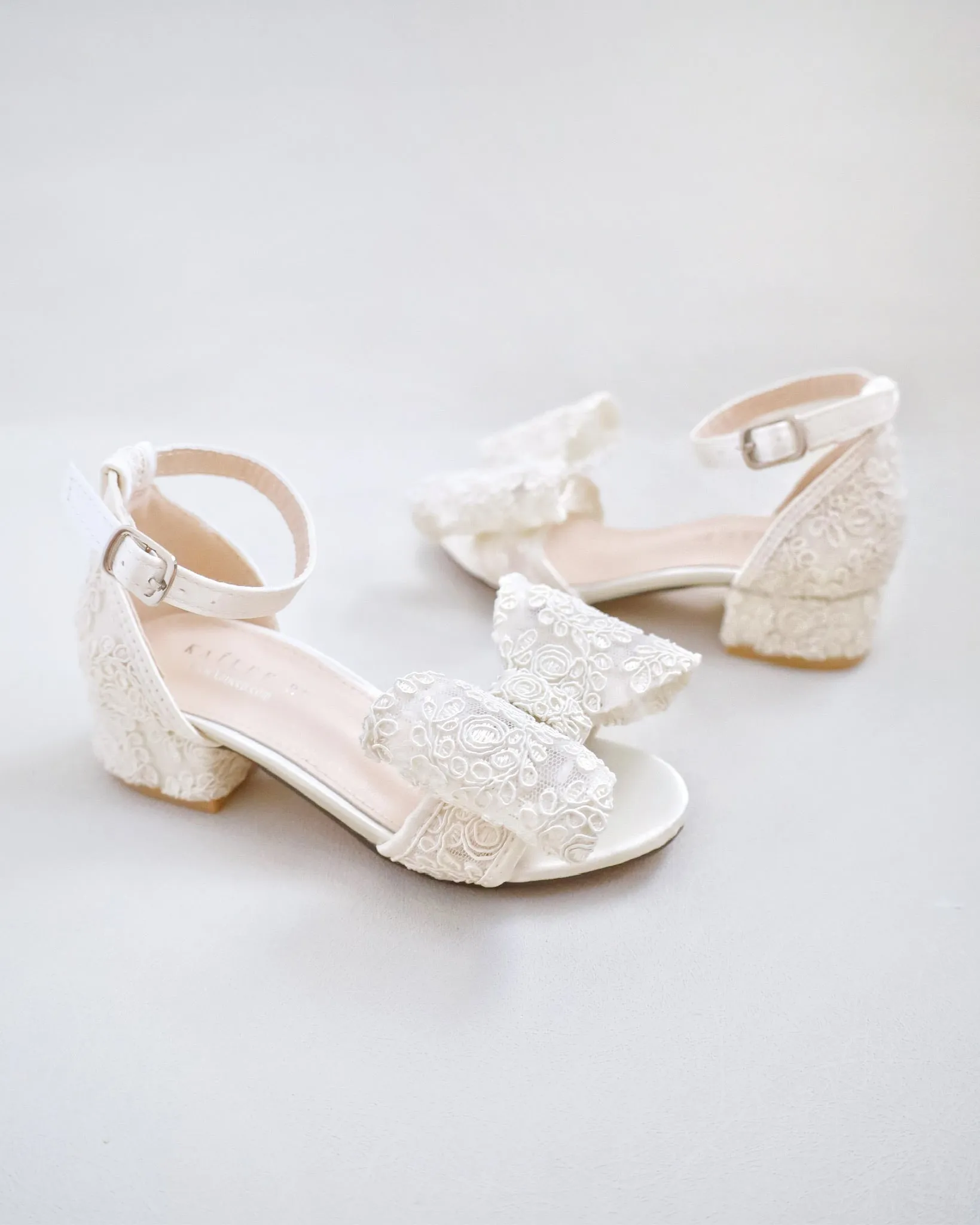 Ivory Lace Low Block Heel Girls Sandals with Oversized Crochet Bow