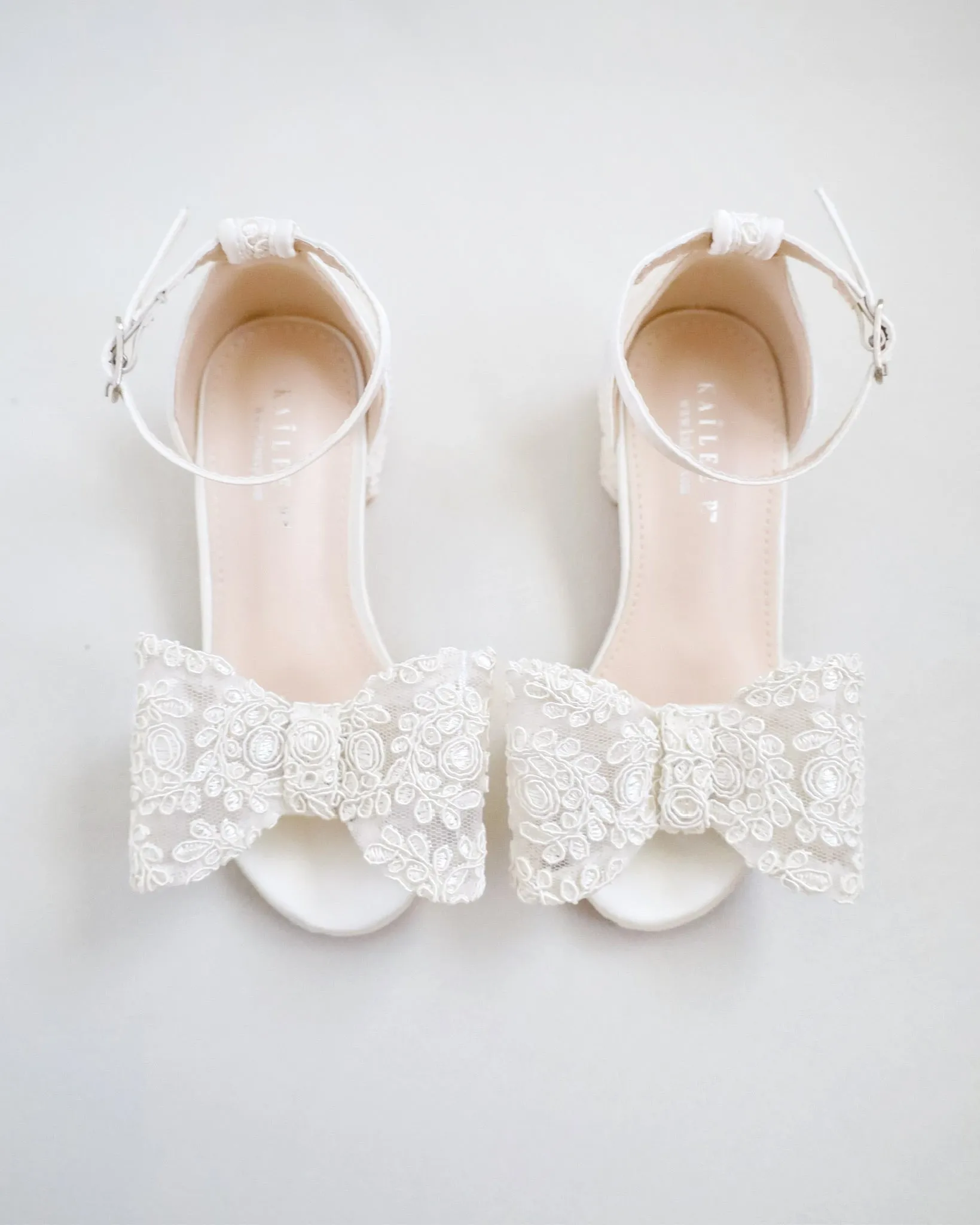 Ivory Lace Low Block Heel Girls Sandals with Oversized Crochet Bow