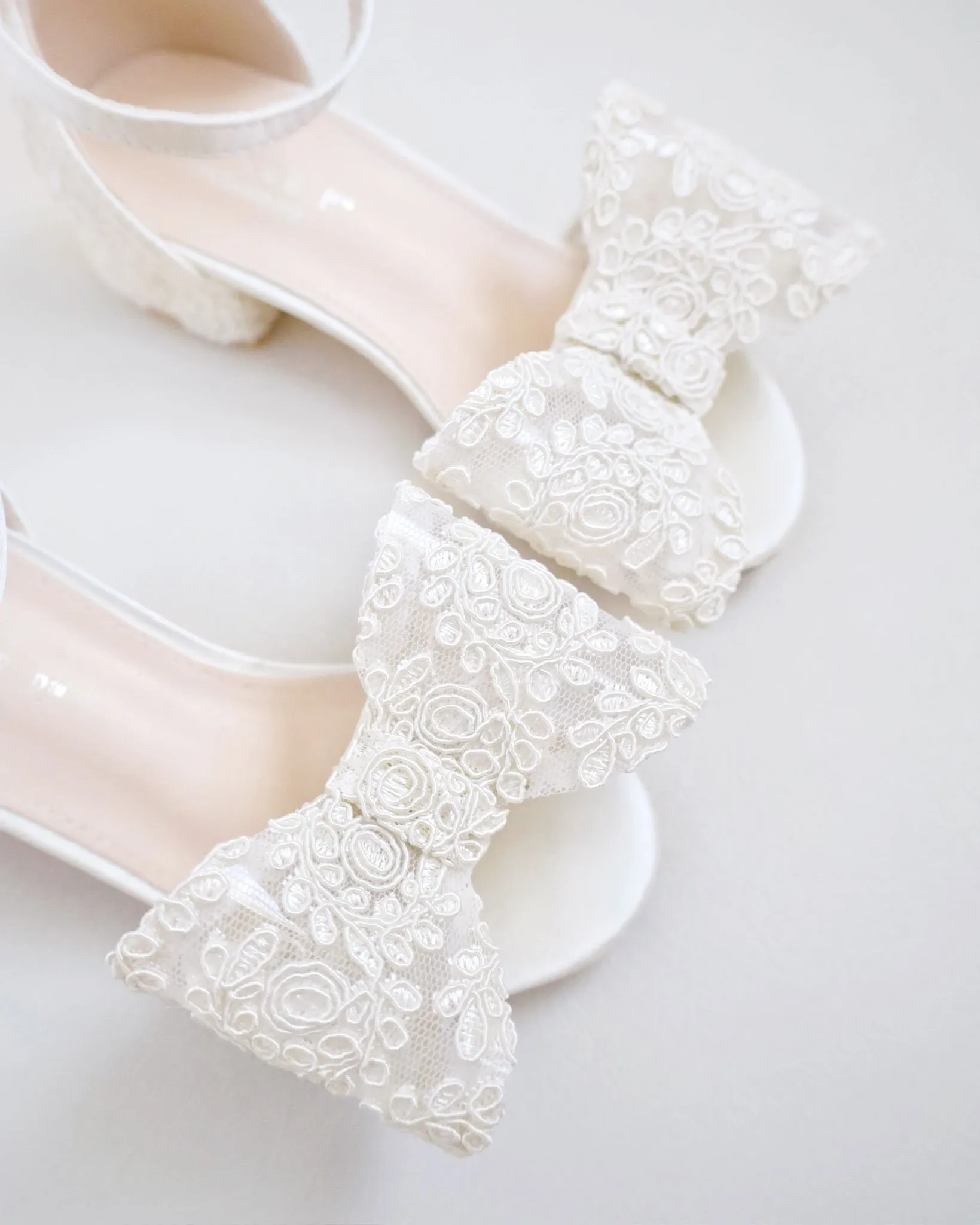 Ivory Lace Low Block Heel Girls Sandals with Oversized Crochet Bow