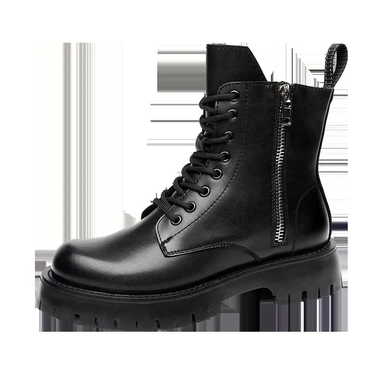 Men's Casual Shoes QS347 - Black Leather Thick Ankle Boots