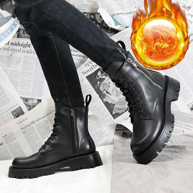 Men's Casual Shoes QS347 - Black Leather Thick Ankle Boots