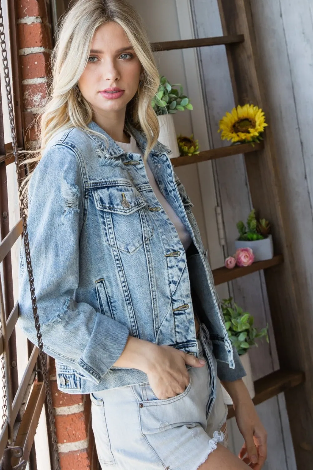 Mid Wash Distressed Button Up Denim Jacket