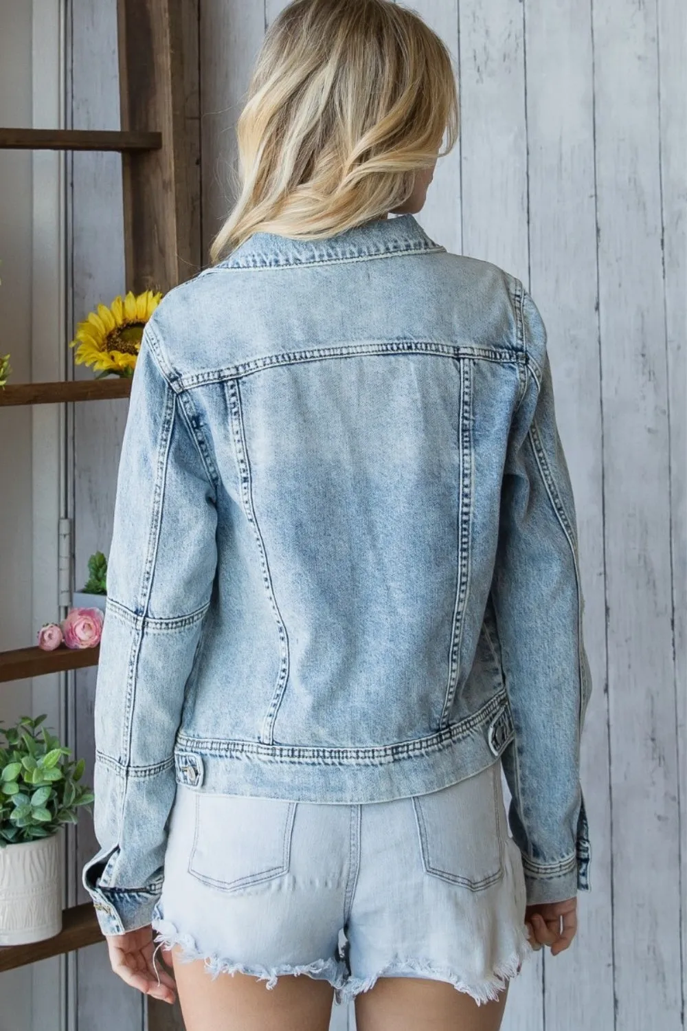 Mid Wash Distressed Button Up Denim Jacket