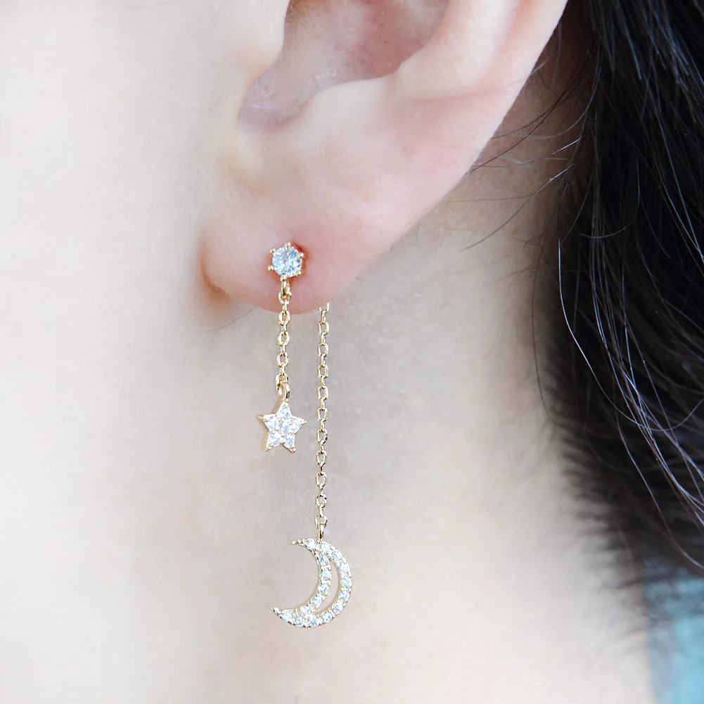 NO.2 Crescent Moon and Star Chain Drop Earrings