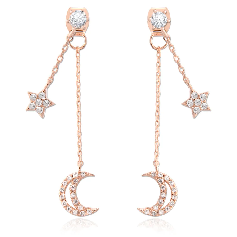 NO.2 Crescent Moon and Star Chain Drop Earrings