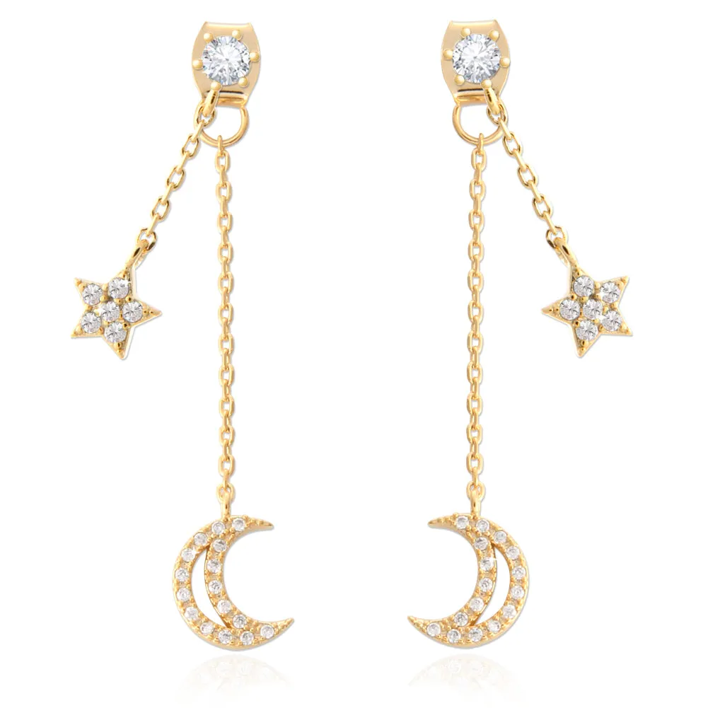 NO.2 Crescent Moon and Star Chain Drop Earrings