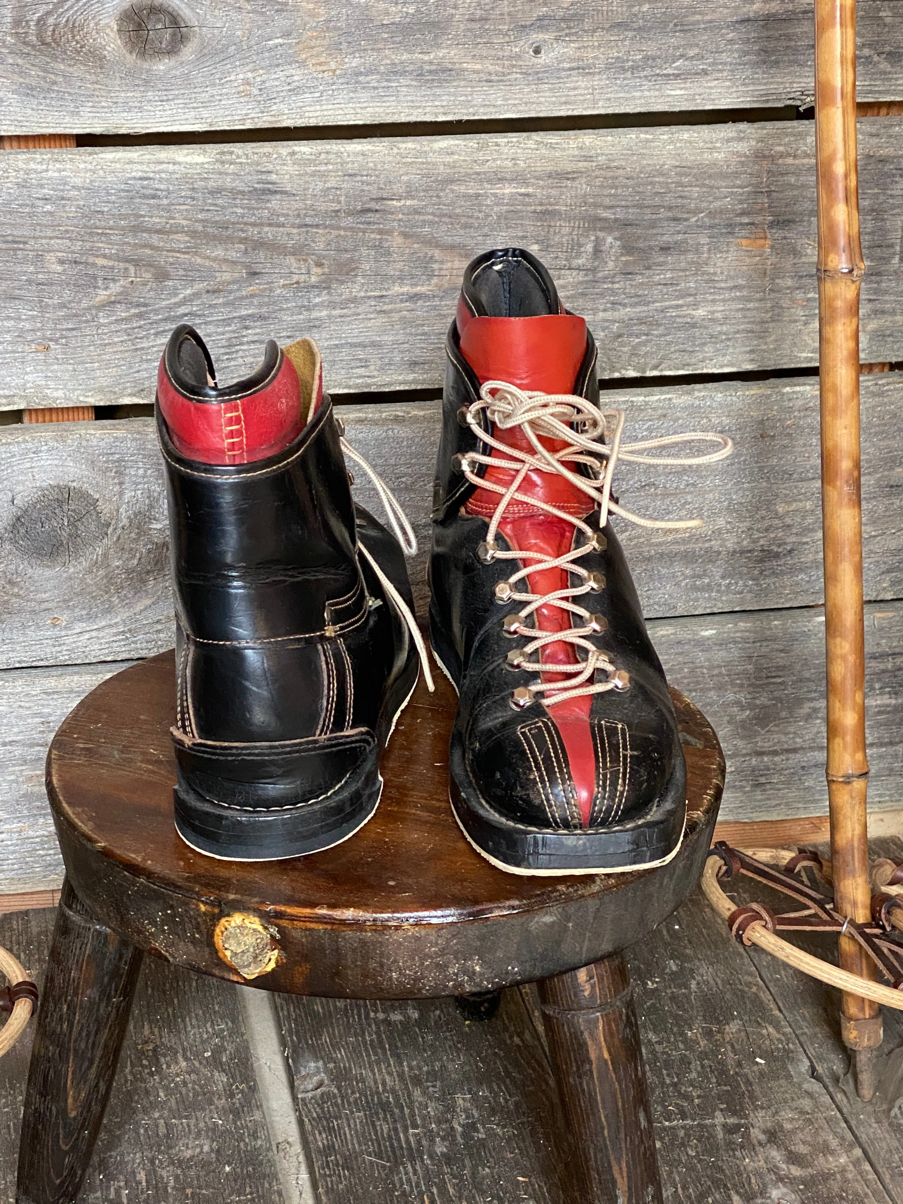 Vintage Black/Red Leather Ski Boots